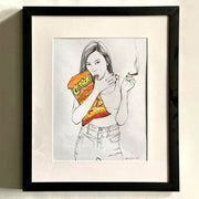 Drawing on white paper of a girl standing and holding a bag of Flaming Hot Cheetos in her arms. She sucks on a cheeto dust covered thumb and holds a joint in the other hand.