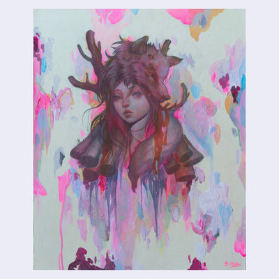 Colorful yet muted painting of a girl with a wolf's head atop her own, with curves branches around her shoulders.