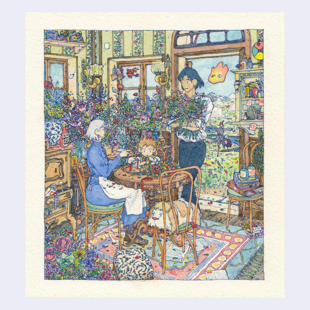 Very detailed watercolor and ink illustration of a stylized version of a scene from Howl's Moving Castle, with a woman, a boy and a man working in a very busy and cluttered flower shop.