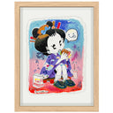 Illustration of a cartoon character in traditional Japanese attire but modern sneakers, sitting on a skateboard and eating IN-N-Out burger.