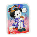 Illustration of a cartoon character in traditional Japanese attire but modern sneakers, sitting on a skateboard and eating IN-N-Out burger.