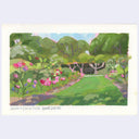 A colorful painting of Huntington Gardens, featuring a green lawn, blooming pink flowers, and trees under a light blue sky.