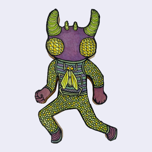 Illustration made with many lines, giving it the feel of a folk art woodcut on a die cut wood panel of a purple bug with the body of a person wearing green knit clothing, it has large bug eyes and a fly on its sweater.