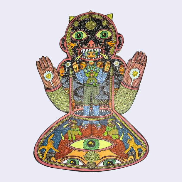 Illustration made with many lines, giving it the feel of a folk art woodcut on a die cut wood panel of a person's body, with many things going on inside such as another costumed person in the center, standing atop of a head with 3 eyes and green fish goblins sitting nearby.