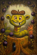 Green worm like creature added to a tree background that’s reddish and green. 