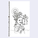 Black line art illustration of a person, seen from the mid shoulders up, with a mustache and a scene of small statues atop their head.