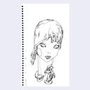 Black line art illustration of a girl's head, with metal parts coming out of her neck and a cap that flattens down any hair on her head.