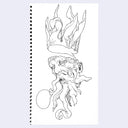 Black line art illustration of an old man's floating head, he has a long beard and a paper crown floats over him. He has an empty speech bubble.