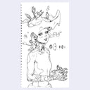 Black line art illustration of a girl with scaly arms and hands and a large headpiece that looks like a smooth rock wall of sorts, walling in pony-tail like sprouts growing off her head.