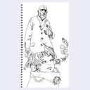 Black line art illustration of a girl with a man's body positioned atop her head, he is bald and with a sullen expression, wearing a long coat.