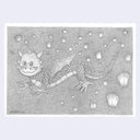 Graphite drawing of a cartoon style dragon, with many scales and floating lanterns in the background.