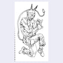 Black line art illustration of a muscular demon character, topless with pants and long horns coming out its head. Its tail is a cord.
