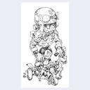 Black line art illustration of a one eyed cat riding a three wheeled motorbike, atop of its head is a skeletal humanoid with a helmet.