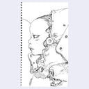 Black line art illustration of a person seen from the side profile and from the chest up. They wear futuristic clothing and have a bear companion.