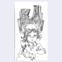 Black and white illustration of a character with a large crown made out of wood-like texture on a notebook page.