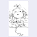 Black line art illustration of a baby in a futuristic outfit, seen leaning back with its hands in front.