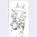Illustration of a woman's head with oversized mushrooms growing out from her on a lined notebook page.