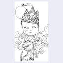 Black and white illustration of a child-like figure with a crown with doodles all over it and a small dinosaur in front of them.