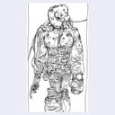 Detailed black and white illustration of a futuristic suit worn by a monster-like creature.