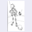 Line drawing of a robot and bird on a notebook page