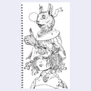 Illustration of a person with rabbit-like features and armor, positioned atop of a girl's head as her hat on a spiral-bound notebook.