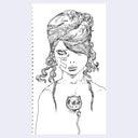 Black and white line drawing of a woman with a round meter on her chest,  and her hair wrapped around like a headscarf on a white background.