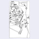 Black line art illustration of a very muscular man working at a desk, drawing with a poster for coffee behind him.