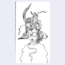Illustration of a person with animal heads and horns on a notebook page.