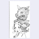 Illustration of a woman with a wolf on her head on a spiral-bound notebook cover.