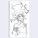Black line art illustration of a woman with a body made out of robotics with a very large metal hat. To her side is a bird on a branch.