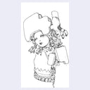 Black line art illustration of woman seen from the waist up, without arms, wearing mechanical gear as an outfit with a large metal piece as a helmet.