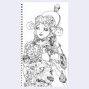 Black line art illustration of a woman wearing armor that is half animal skin and half futuristic elements, below her is a dog looking off to the side.