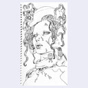 Line drawing of a stylized face with intricate lined hair and a leather helmet on a white background