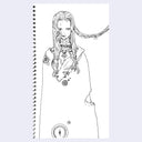 Spiral-bound notebook with a black and white illustration of a person with long hair and a long cloak.