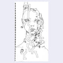 Spiral-bound notebook with a black and white mechanical face design