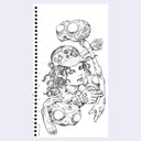 Black line art illustration of a person wearing a baseball cap with alien-brain creatures around them.