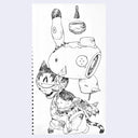 Black line art illustration of a one-eyed cat with a mechanical form in front of it.