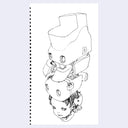 Black line art illustration of a character's head, with a large robotic helmet strapped to their head.