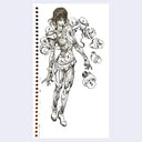 Black line art illustration of a character with wrappings on their body for clothing, with many wide sci-fi like lightbulbs coming off their body.