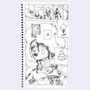 Black line art illustration of several panels with a robotic character and one large panel with a woman wearing a rounded metal helmet alongside a mini robot.