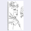 Spiral-bound notebook with a black and white illustration of a woman with a helmet and another figure looking back at her.