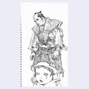 Black and white illustration of a warrior and a woman with a sad expression on a white background