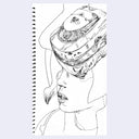 Black line art illustration of a person's face, close up and mostly covered by a block shaped headpiece.