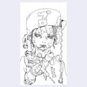 Black and white line drawing of a futuristic character with mechanical elements on a light purple background