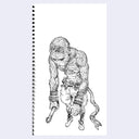 Black line art illustration of a monkey wearing shorts and holding a short staff.