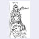 Black line art illustration of a woman with her torso exposed, wearing a hooded fabric shawl. She is atop of a girl's head with a small cat nearby.