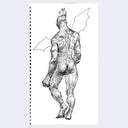 Black and white drawing of a nude humanoid creature with bat-like features on a notebook page.