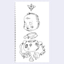 Black line art illustration of a baby's floating head, over a robotic body with its mechanisms also floating off of it. Atop the baby's head is a flower and below the robot body is a poo.