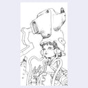 Black and white line art of a futuristic character with mechanical elements on a light purple background