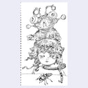 Black line art illustration of a character with a sci-fi style bug monster atop of its head like a hat.